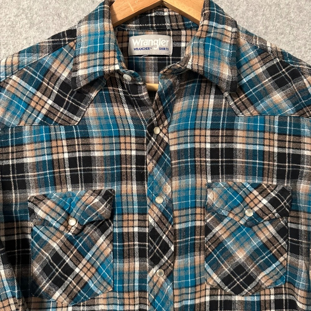 Vintage Wrangler Wrancher Western Flannel Shirt Men M Pearl Snap Teal Plaid 90s